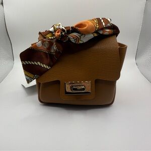 Brown Leather Bag with Scarf Accent